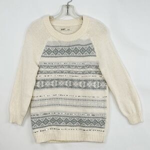 Old Navy Sweater Jumper Small PetiteFair Isle Cream Gray Knit Sequins Loose Fit
